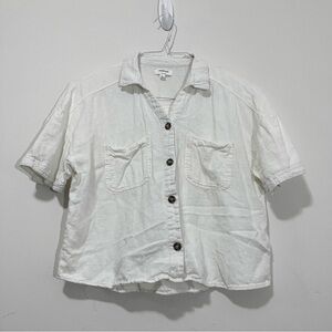 Weekend Los Angeles Womens L Linen Button Front Cropped Shirt Blouse Top White